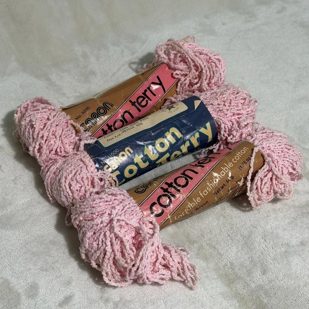 Vintage Caron Cotton Terry Yarn Lot 7 Skeins 50g 1.75 Zigzag Pink Blue 3‎ Colors